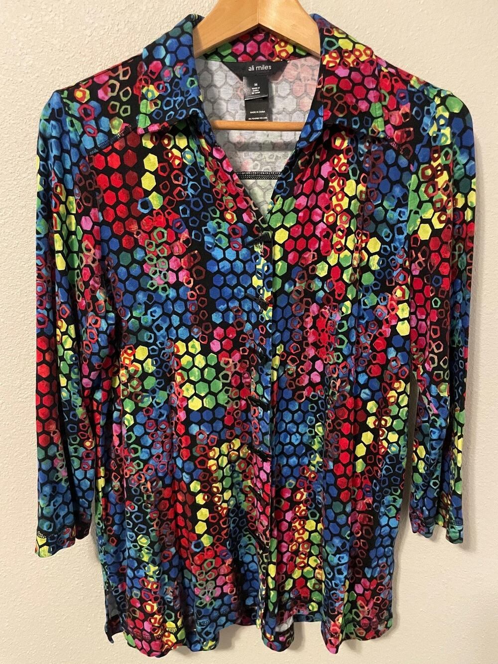 Ali Miles Tunic Top Womens Medium Multicolor Geometric Button Up Artsy Boho